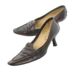 パンプス ミドルヒール スクエアトゥ コインローファーデザイン レザー 革 35 22.0cm 茶 ブラウン