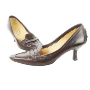 TOD'S パンプス ミドルヒール スクエアトゥ コインローファーデザイン レザー 革 35 22.0cm 茶 ブラウン