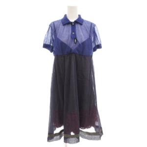 シアーポロワンピース チュール 半袖 ひざ丈 レース切替 3 青 ブルー 12-01600 /GV GY19