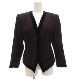 ヴィンテージ ジャケット ボタンレス 総柄 ベロア切替 シルク混 M 紫 パープル 黒 ブラック /GV