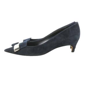 Sergio Rossi SR1 パンプス ヒール ポインテッドトゥ スエード プレート 75mm 37.5 24.5cm 紺 ネイビー