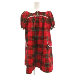 タータン ベビードール ドレス 半袖ワンピース ひざ丈 チェック レース切替 4 赤 レッド 黒 ブラック