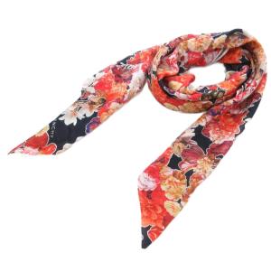 スカーフ 大判 花がら シルク混 赤 レッド 黒 ブラック /JS GY19