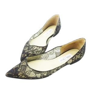 フラットパンプス ポインテッドトゥ レース レザー 革 大きいサイズ 39 26.0cm 黒 ブラック