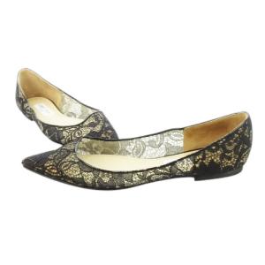 JIMMY CHOO フラットパンプス ポインテッドトゥ レース レザー 革 大きいサイズ 39 26.0cm 黒 ブラック