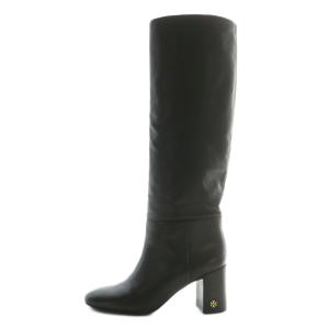 TORY BURCH ロングブーツ レザー ラウンドトゥ チャンキーヒール ロゴ ゴールド金具 6M 23cm 黒 ブラック