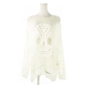 透かし編みニットセーター ラウンドネック 長袖 麻 リネン混 スカル ドクロ ワンポイント ボーダー F