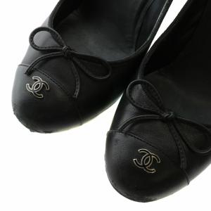 CHANEL パンプス レザー ラウンドトゥ ハイヒール リボン ココマーク 36.5 23.5cm 黒 ブラック G28504
