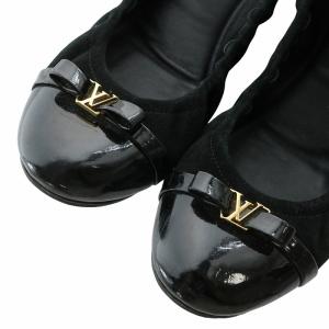 LOUIS VUITTON バレエシューズ フラットシューズ スエード エナメル ラウンドトゥ リボン LVロゴ ゴールド金具 37