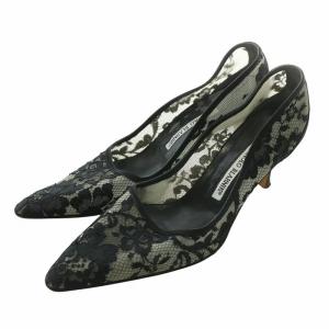 パンプス レース ポインテッドトゥ ハイヒール 花柄 37.5 24.5cm 黒 ブラック /XZ GY19