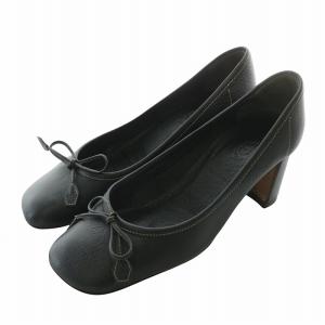 パンプス レザー スクエアトゥ チャンキーヒール リボン 36.5 23.5cm 黒 ブラック /XZ