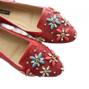 DOLCE&GABBANA フラットパンプス ビジュー ラウンドトゥ ロゴ ストーン 38.5 24.5cm 赤 レッド ピンク GY19