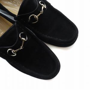 GUCCI ビットローファー スクエアトゥ ロゴ シルバー金具 スエード 6.5 23.5cm 黒 ブラック GY19