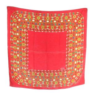 スカーフ 大判 絹 シルク ジュエリー柄 総柄 ココマーク ロゴ 赤 レッド /XZ OH GY19