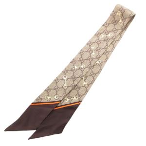 ネックボウ スカーフ GGプリント シルク ベージュ ブラウン