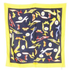 スカーフ スクエア シルク 絹 マーガレット シューズ柄 蝶 総柄 紺 ネイビー 黄 イエロー /CK27