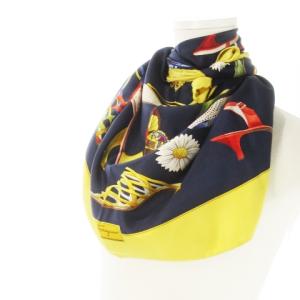 Salvatore Ferragamo スカーフ スクエア シルク 絹 マーガレット シューズ柄 蝶 総柄 紺 ネイビー 黄 イエロー /CK27