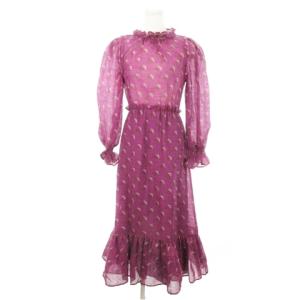 ロングワンピース 長袖 ギャザーネック 袖コン ウール 裾フレア 花柄 総柄 2 M 紫 パープル /AH12