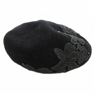 ベレー帽 帽子 レース刺繍 ウール 黒 ブラック /JS GY19