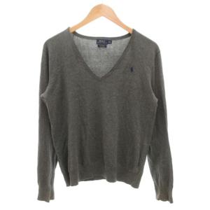 コットンニット セーター 長袖 プルオーバー ポニー刺繍 薄手 Vネック M グレー /GV GY19