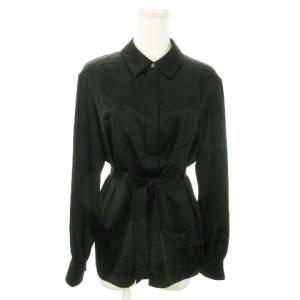 サテンシャツ レギュラー 長袖 比翼 ストレッチ ウエストマーク リボン 光沢感 40 L 黒 ブラック