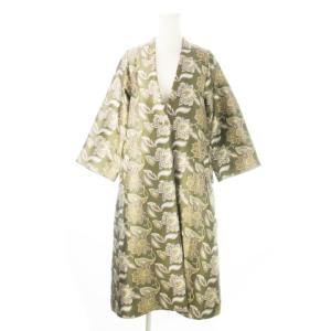 ロングコート ノーカラー Vカット ジャカード オリエンタル 花柄 総柄 F 緑 カーキ /CK17 GY19