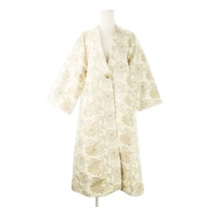 ロングコート ノーカラー Vカット ジャカード オリエンタル 花柄 総柄 F 生成り エクリュ /CK16