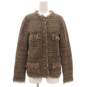 Deuxieme Classe セットアップ ノーカラーニットジャケット タイトスカート ツイード ひざ丈 フリンジ 金ボタン シルク混