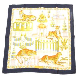 大判 スカーフ 絹 シルク 虎柄 ヒョウ柄 紺 黄 ベージュ /UO GY19