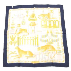 Salvatore Ferragamo 大判 スカーフ 絹 シルク 虎柄 ヒョウ柄 紺 黄 ベージュ /UO GY19