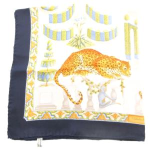 Salvatore Ferragamo 大判 スカーフ 絹 シルク 虎柄 ヒョウ柄 紺 黄 ベージュ /UO GY19