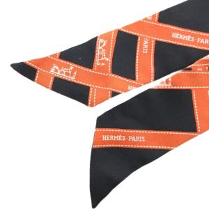 HERMES ツイリー スカーフ 絹 シルク ボルデュック柄 黒 オレンジ /UO GY19