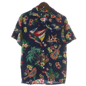 クラシックフィット CLASSIC FIT アロハシャツ オープンカラー 半袖 総柄 ロゴ XS 紺 ネイビー