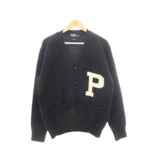 ニットカーディガン Vネック 長袖 Pロゴ インターシャ ウール 厚手 L 紺 ネイビー /AH14 GY44