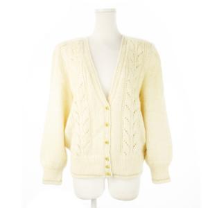 カーディガン ニット Vネック 長袖 シルク 絹 ウール混 透かし編み ラメ ビジューボタン 11 白
