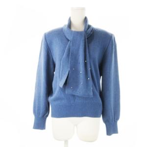 ニット セーター マフラー付き 長袖 パールビーズ刺繍 ラム アンゴラ 大きいサイズ 13+ 青 ブルー