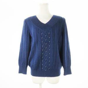 ニット セーター Vネック 長袖 ケーブル編み パール 肩パッド ウール 大きいサイズ 13+ 青 ブルー