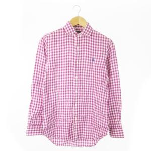 長袖シャツ 麻 リネン ギンガムチェック 総柄 ワンポイント ポニーロゴ刺繍 XS 紫 パープル /AO16