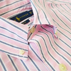 RALPH LAUREN ボタンダウンシャツ オックスフォード 長袖 ポニーロゴ刺繍 ワンポイント ストライプ XS ピンク /CK15