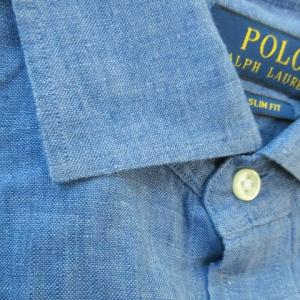 POLO RALPH LAUREN 長袖シャツ 麻 リネン ワンポイント ポニーロゴ刺繍 15 S 青 ブルー /AO11 GY44
