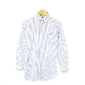 ワイシャツ Yシャツ ボタンダウン 長袖 ポニーロゴ刺繍 ワンポイント ストライプ 14.5 S 青 ブルー