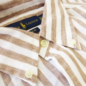 RALPH LAUREN リネンシャツ ボタンダウン 長袖 麻 ポニーロゴ刺繍 ワンポイント ストライプ XS 茶 ブラウン /CK13