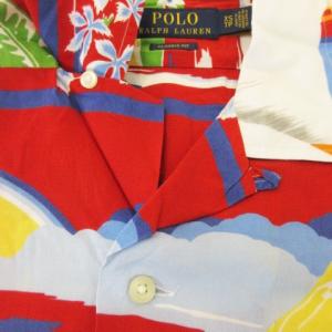 POLO RALPH LAUREN アロハシャツ オープンカラー 開襟 レーヨン 半袖 総柄 船 ヤシの木 リゾート ロゴ 刺繍 XS 赤