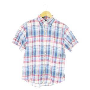 ボタンダウンシャツ 半袖 麻 リネン チェック 総柄 ポニーロゴ刺繍 S 青 ブルー /AO20 GY44