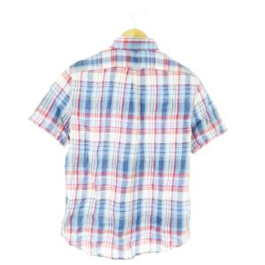 RALPH LAUREN ボタンダウンシャツ 半袖 麻 リネン チェック 総柄 ポニーロゴ刺繍 S 青 ブルー /AO20 GY44