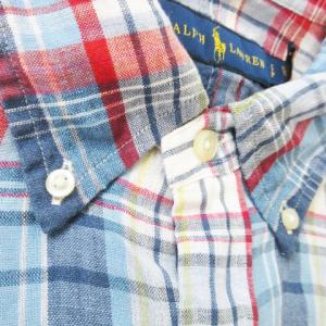 RALPH LAUREN ボタンダウンシャツ 半袖 麻 リネン チェック 総柄 ポニーロゴ刺繍 S 青 ブルー /AO20 GY44