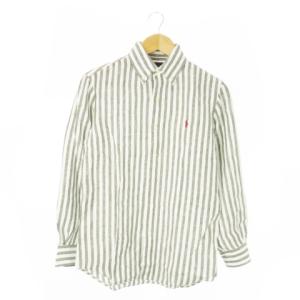 ボタンダウンシャツ 長袖 麻 リネン ストライプ 総柄 ポニーロゴ刺繍 XS グレー /AO12 GY44