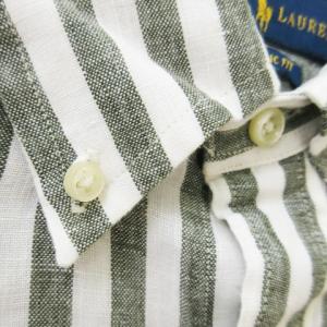RALPH LAUREN ボタンダウンシャツ 長袖 麻 リネン ストライプ 総柄 ポニーロゴ刺繍 XS グレー /AO12 GY44