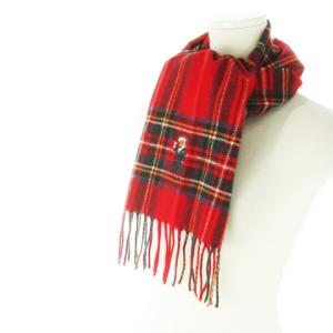 POLO RALPH LAUREN マフラー フリンジ ウール 起毛 チェック ロゴ刺繍 ワンポイント タキシードベア クリスマス 赤 レッド