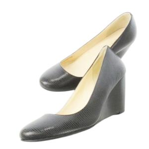 パンプス ウェッジソール ラウンドトゥ レザー 革 リザード型押し 5.5 22.5cm 黒 ブラック